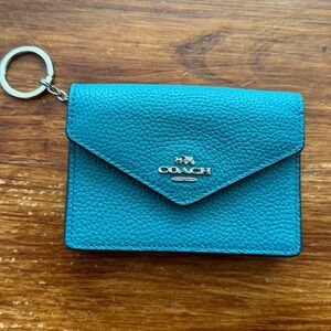 Coach Teal Pebbled Leather Key Card Holder with Keyring